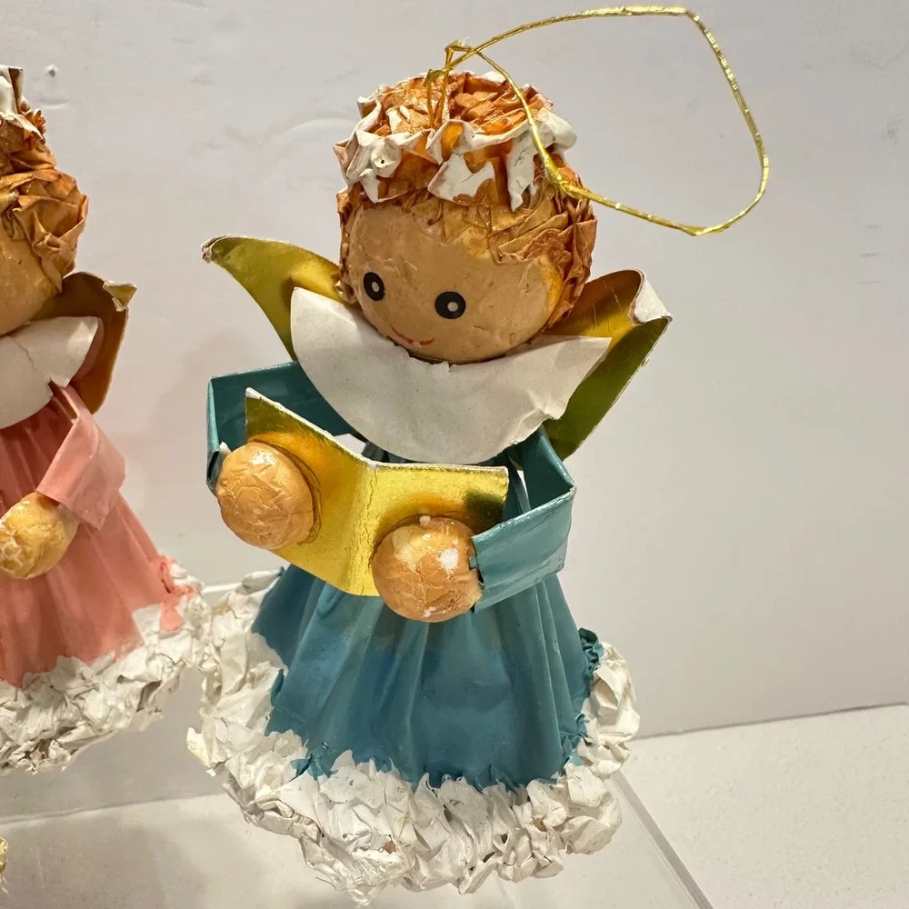 Vintage Paper Mache Angel Ornaments Set of 4 Christmas‎ Mid Century Taiwan MCM
